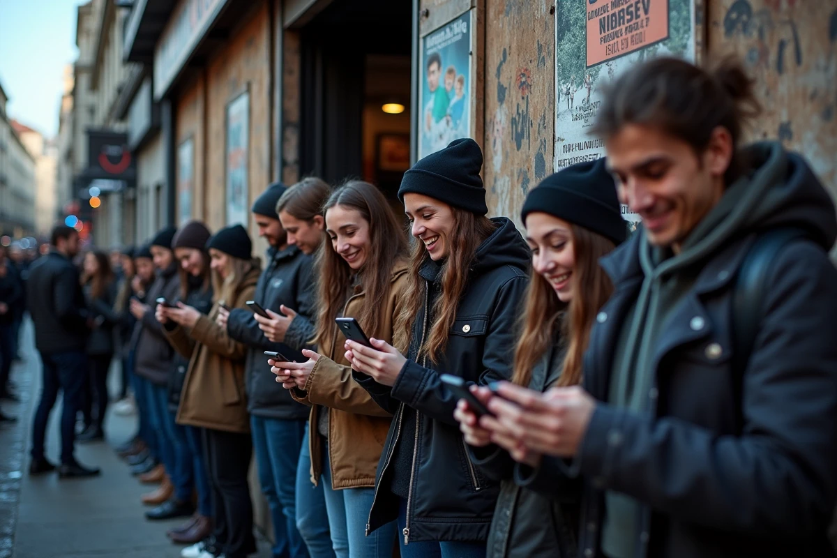Fans de rock français faisant la queue devant une salle de concert parisienne