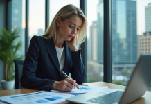 Femme d affaires réfléchie analysant des graphiques économiques