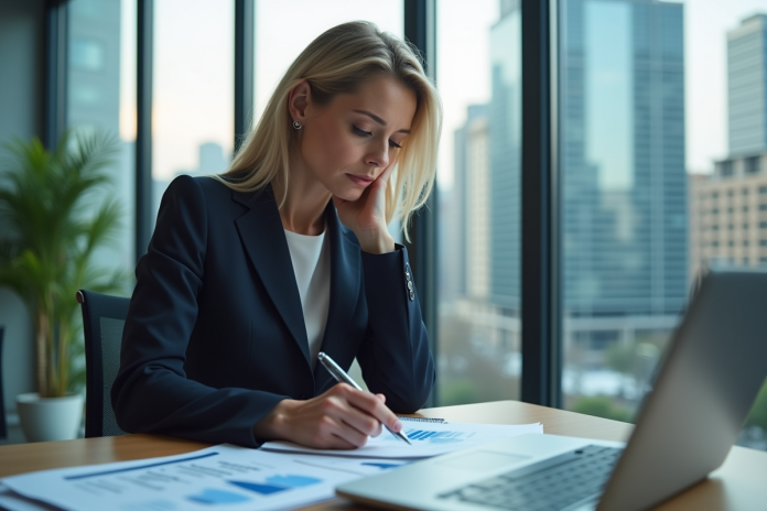Femme d affaires réfléchie analysant des graphiques économiques