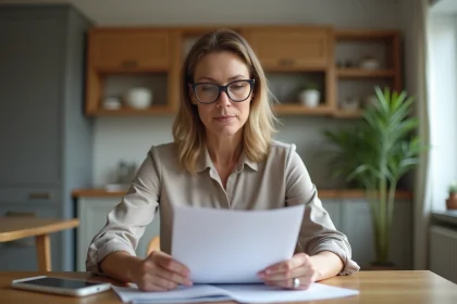 Femme d'affaires française analysant des documents financiers