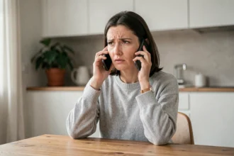 Femme appelant le service après-vente Darty depuis son domicile avec un smartphone
