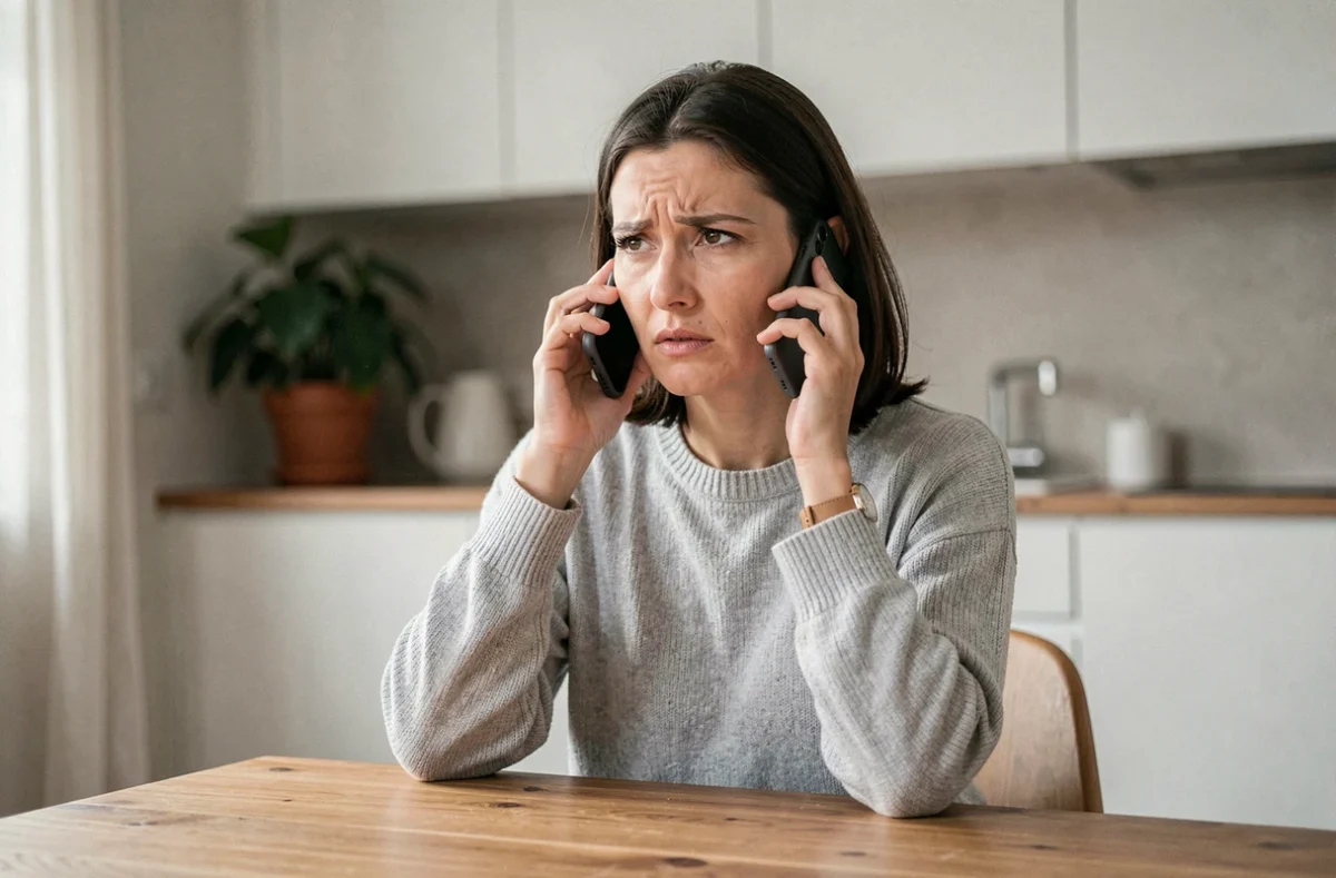 Femme appelant le service après-vente Darty depuis son domicile avec un smartphone