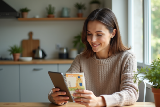 Femme souriante examine des billets et son smartphone dans la cuisine