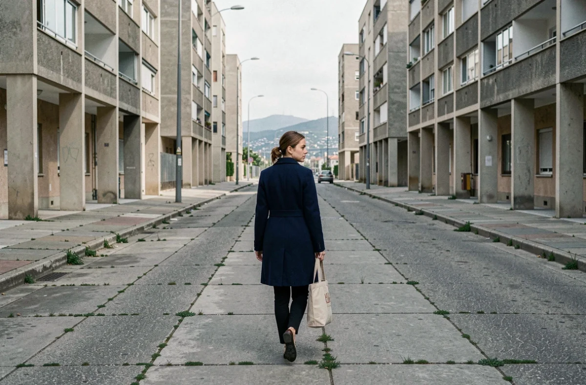 Jeune femme marchant sur un boulevard des quartiers nords de Marseille avec des tours HLM en arrière-plan illustrant le quotidien des habitants