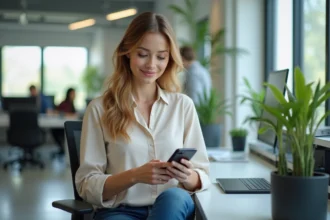 Femme en bureau moderne vérifiant son smartphone