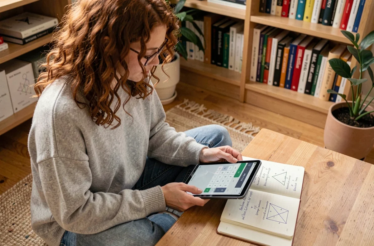 Jeune femme assise au sol calculant la conversion de degrés en pourcentage sur une tablette avec un carnet de notes manuscrit ouvert