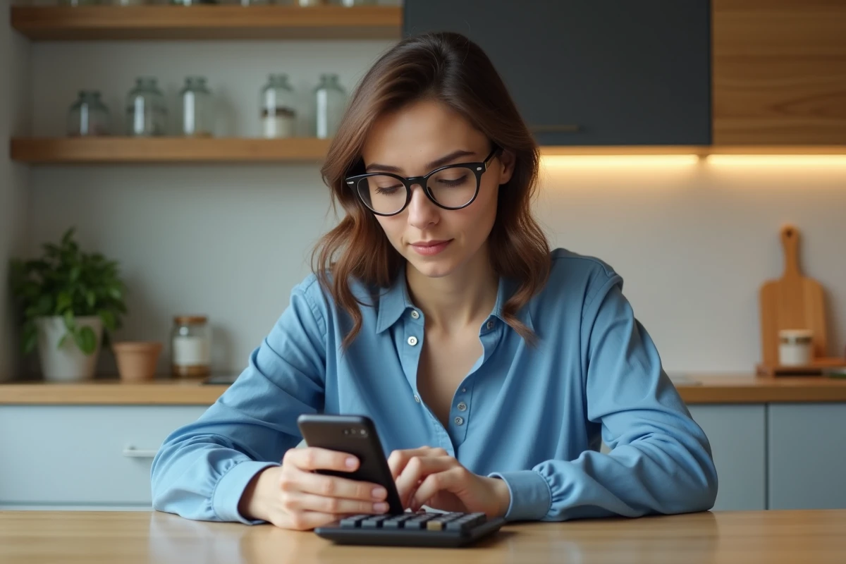 Jeune femme en cuisine utilisant une calculatrice pour convertir des unités