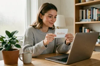 Femme utilisant une carte Kadéos Edenred pour un paiement en ligne sur un ordinateur portable à domicile