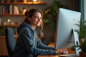 Femme décontractée devant son ordinateur dans un salon cosy