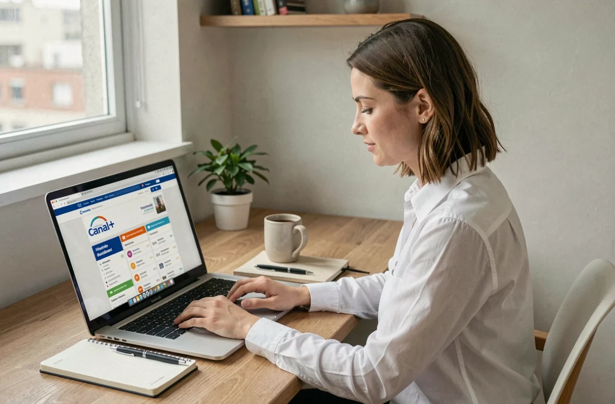 Femme comparant les offres d'abonnement Canal Plus sur son ordinateur portable dans un bureau à domicile