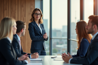 Femme confiante en costume navy lors d'une réunion en bureau