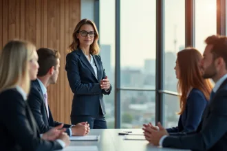 Femme confiante en costume navy lors d'une réunion en bureau