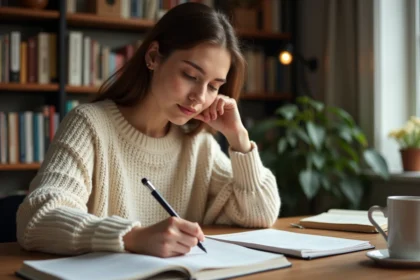 Jeune femme écrivant des conjugaisons dans un cahier avec un stylo, entourée de livres de grammaire française