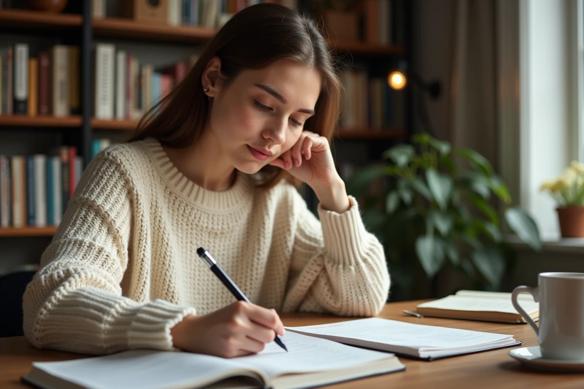 Jeune femme écrivant des conjugaisons dans un cahier avec un stylo, entourée de livres de grammaire française