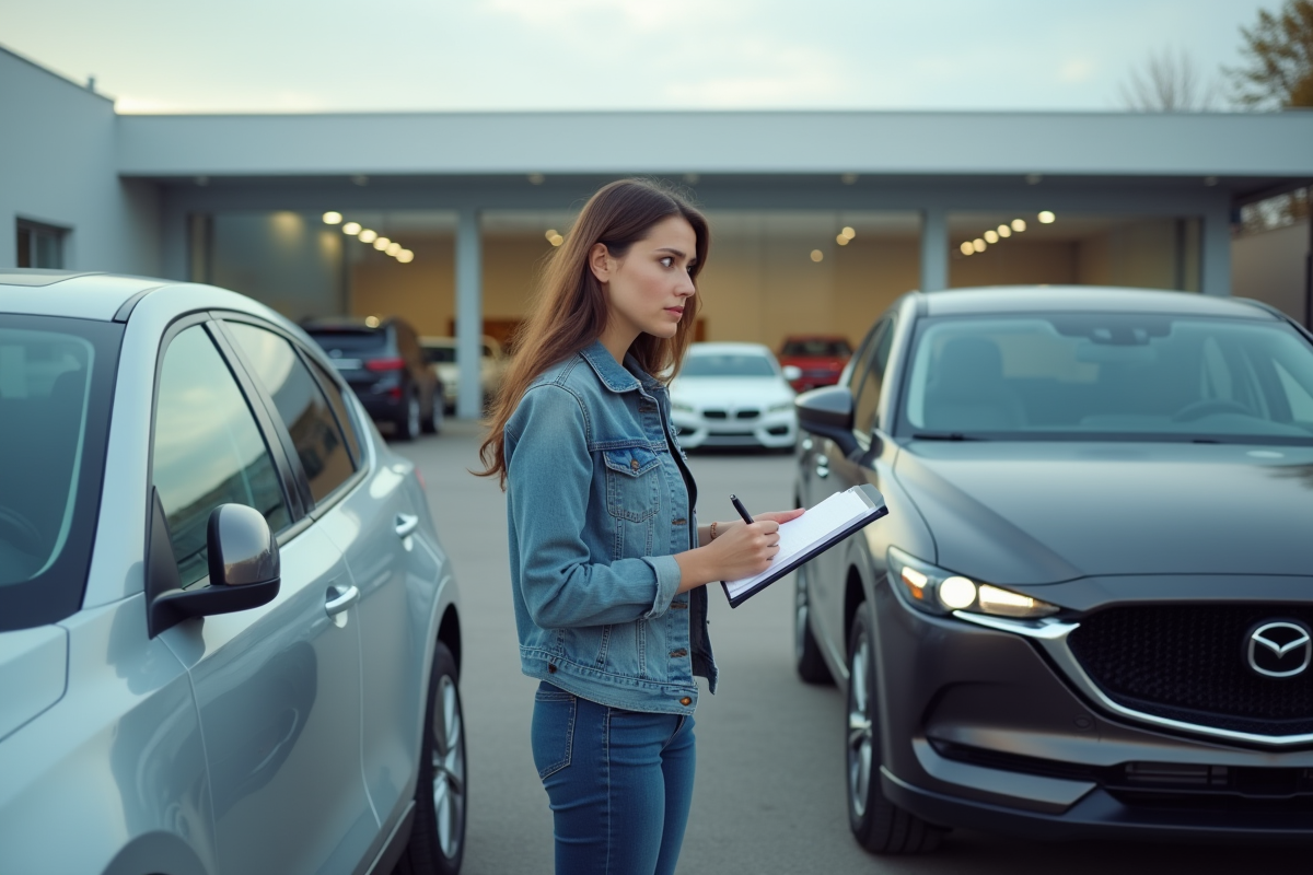 Jeune femme observant deux voitures en concession