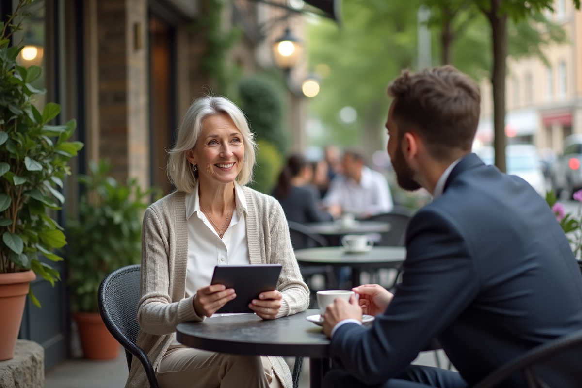 Femme discutant avec un conseiller financier au café