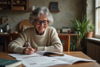 Femme d'âge moyen souriante remplissant une grille de mots fléchés dans la cuisine
