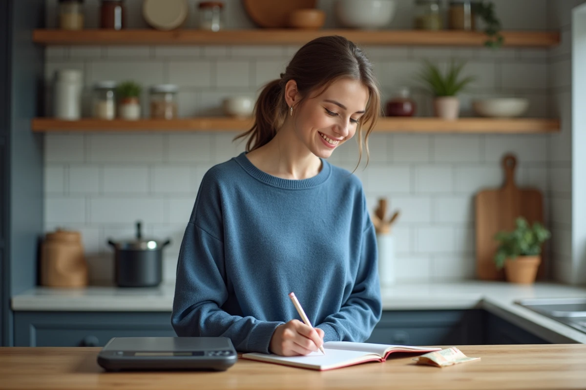 Jeune femme en cuisine écrivant conseils de conversion