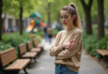 Jeune femme en pull coton bio dans un parc urbain