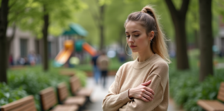 Jeune femme en pull coton bio dans un parc urbain