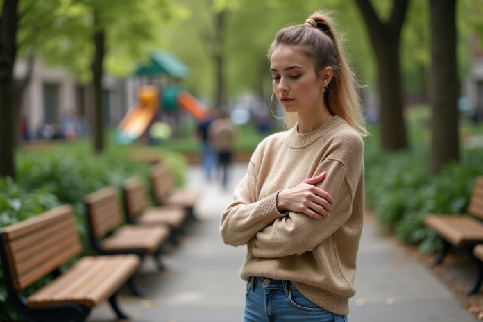 femme-ecoresponsable-vie-urbaine Jeune femme en pull coton bio dans un parc urbain