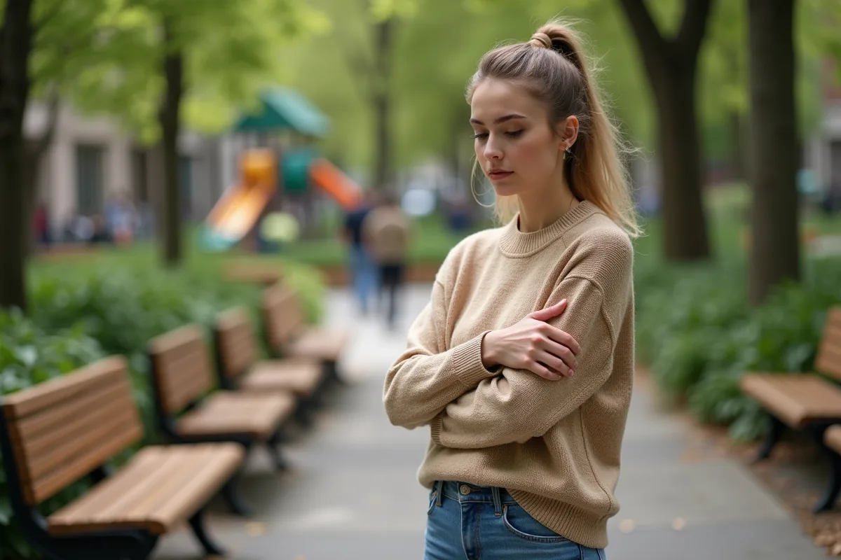 Jeune femme en pull coton bio dans un parc urbain