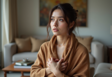 Femme élégante en châle luxueux dans un salon moderne