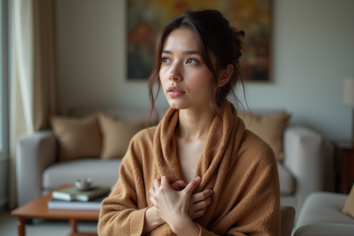 Femme élégante en châle luxueux dans un salon moderne