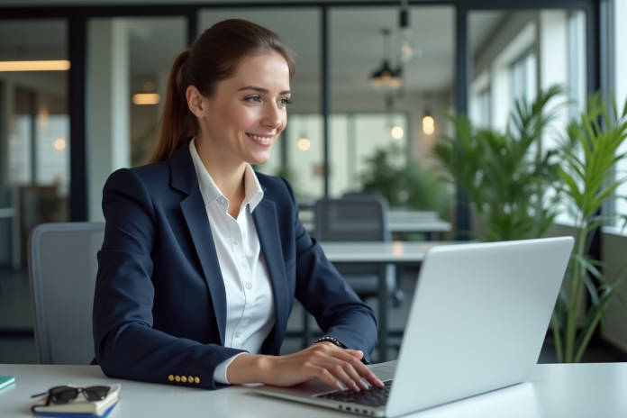 femme-formation-en-ligne-bureau Femme en formation en ligne dans un bureau moderne