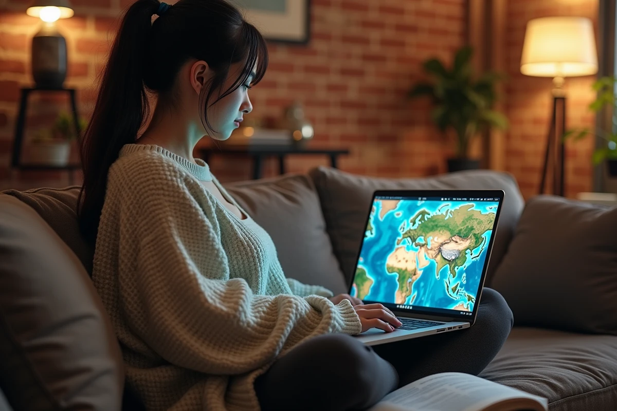 Jeune femme jouant à un MMORPG sur laptop avec un guide de quête annoté pour réussir du premier coup