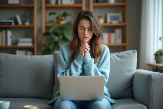 Femme inquiète regardant son ordinateur dans le salon