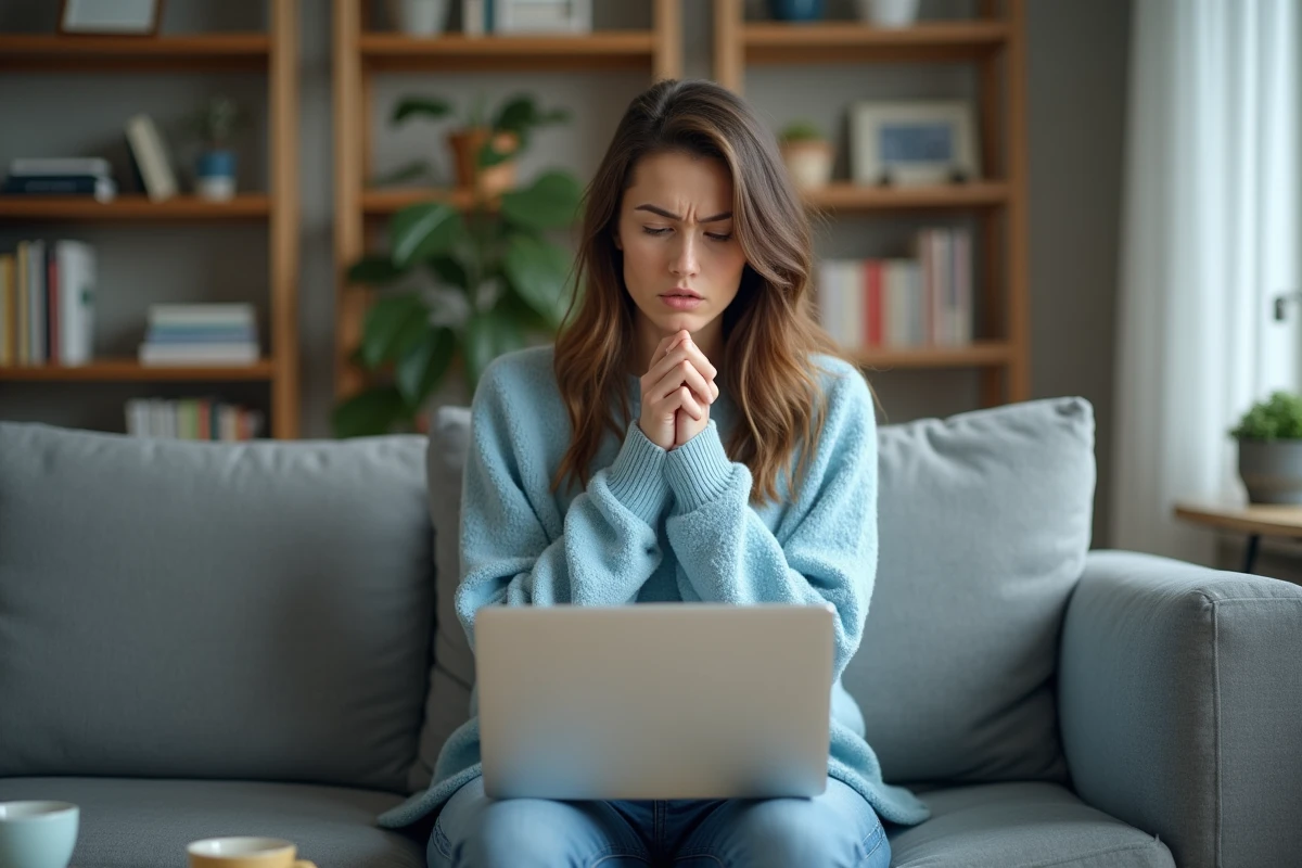 Femme inquiète regardant son ordinateur dans le salon