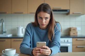 Femme inquiète regardant son smartphone dans la cuisine