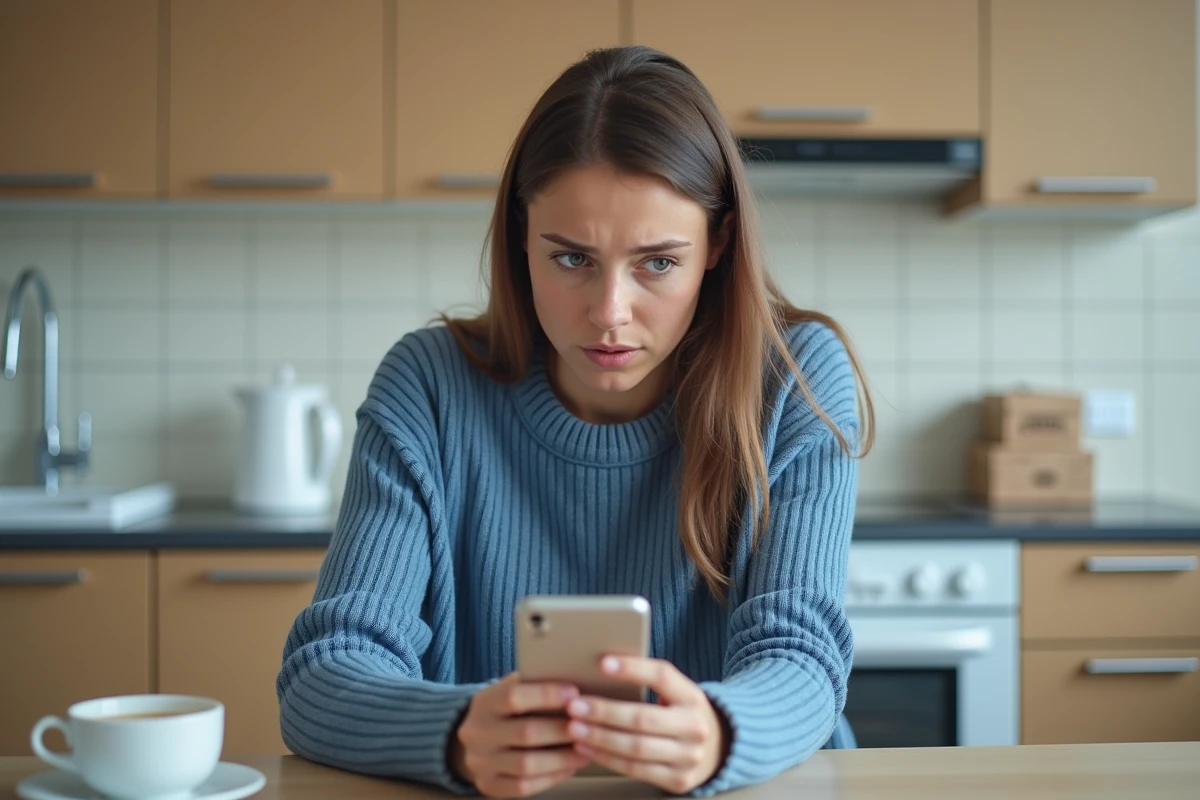 Femme inquiète regardant son smartphone dans la cuisine