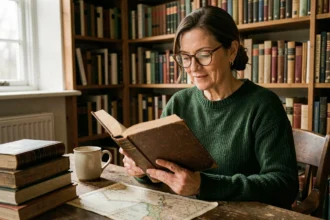 Femme passionnée de lecture tenant un roman historique relié dans une bibliothèque chaleureuse et encombrée de livres anciens