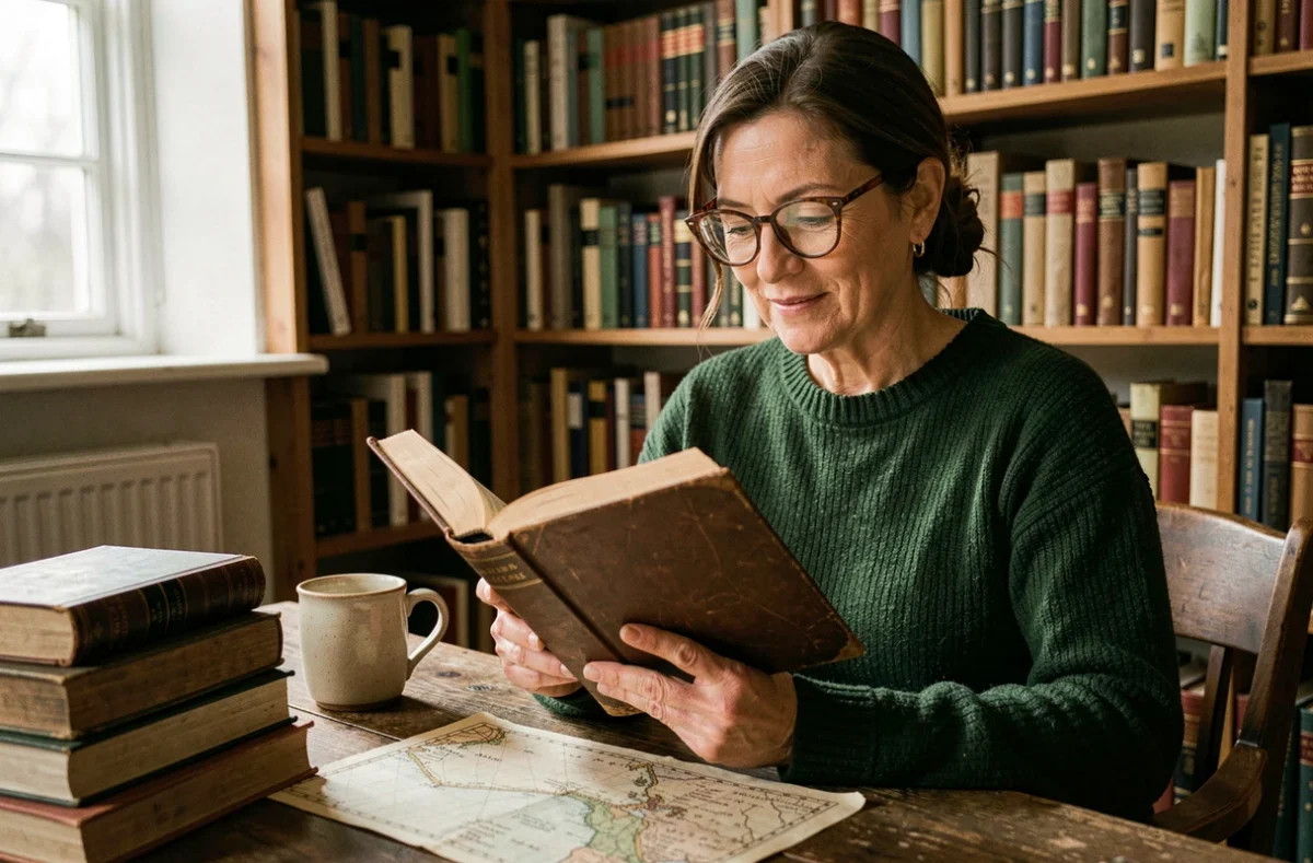 Femme passionnée de lecture tenant un roman historique relié dans une bibliothèque chaleureuse et encombrée de livres anciens