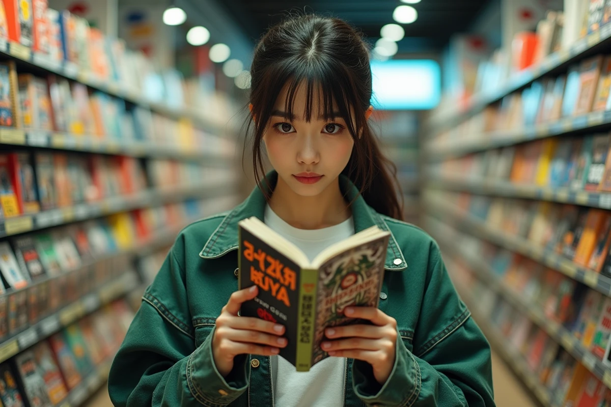 Jeune femme feuilletant un volume de manga One Piece dans une librairie spécialisée manga et comics