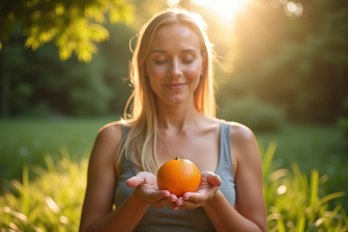 Jeune femme méditant en plein air avec une mandarine