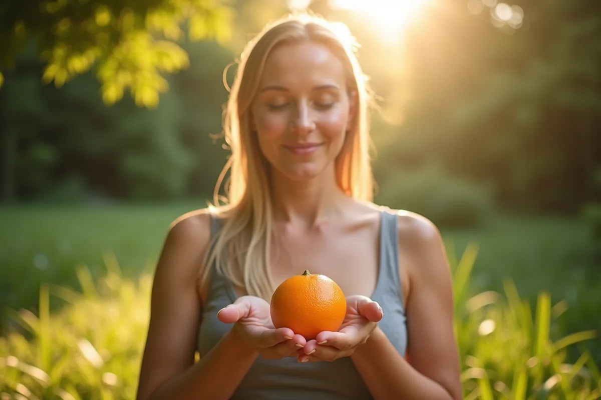 Jeune femme méditant en plein air avec une mandarine