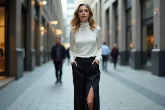 Femme mode urbaine portant pantalon noir et turtleneck blanc