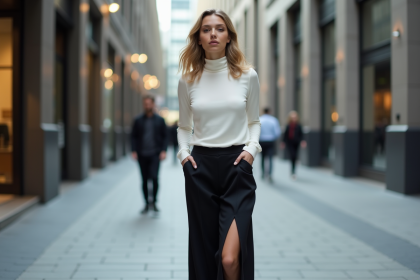 Femme mode urbaine portant pantalon noir et turtleneck blanc