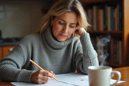 Femme concentrée résolvant des mots fléchés sur papier à une table en bois, crayon à la main