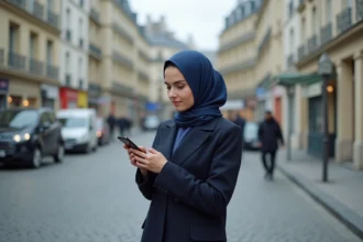 Jeune femme musulmane en hijab à Paris vérifiant l'heure de prière