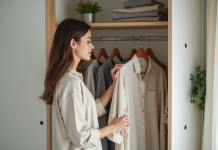 Femme stylée choisissant un vêtement dans un dressing minimaliste