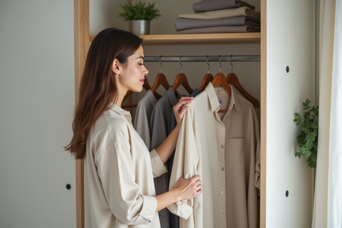 femme-organisation-vestiaire Femme stylée choisissant un vêtement dans un dressing minimaliste