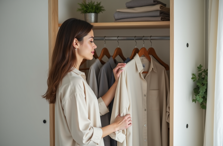 Femme stylée choisissant un vêtement dans un dressing minimaliste