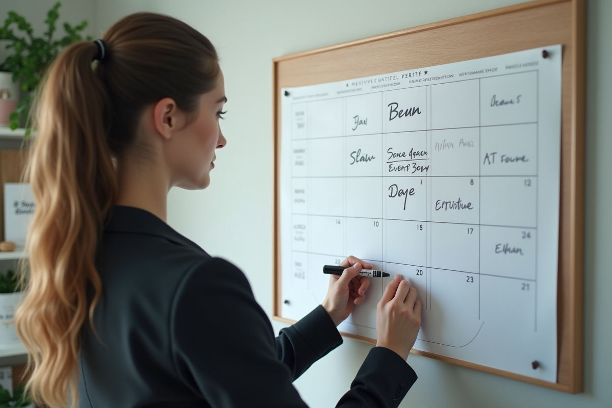 Jeune femme notant des dates sur un calendrier dans un bureau