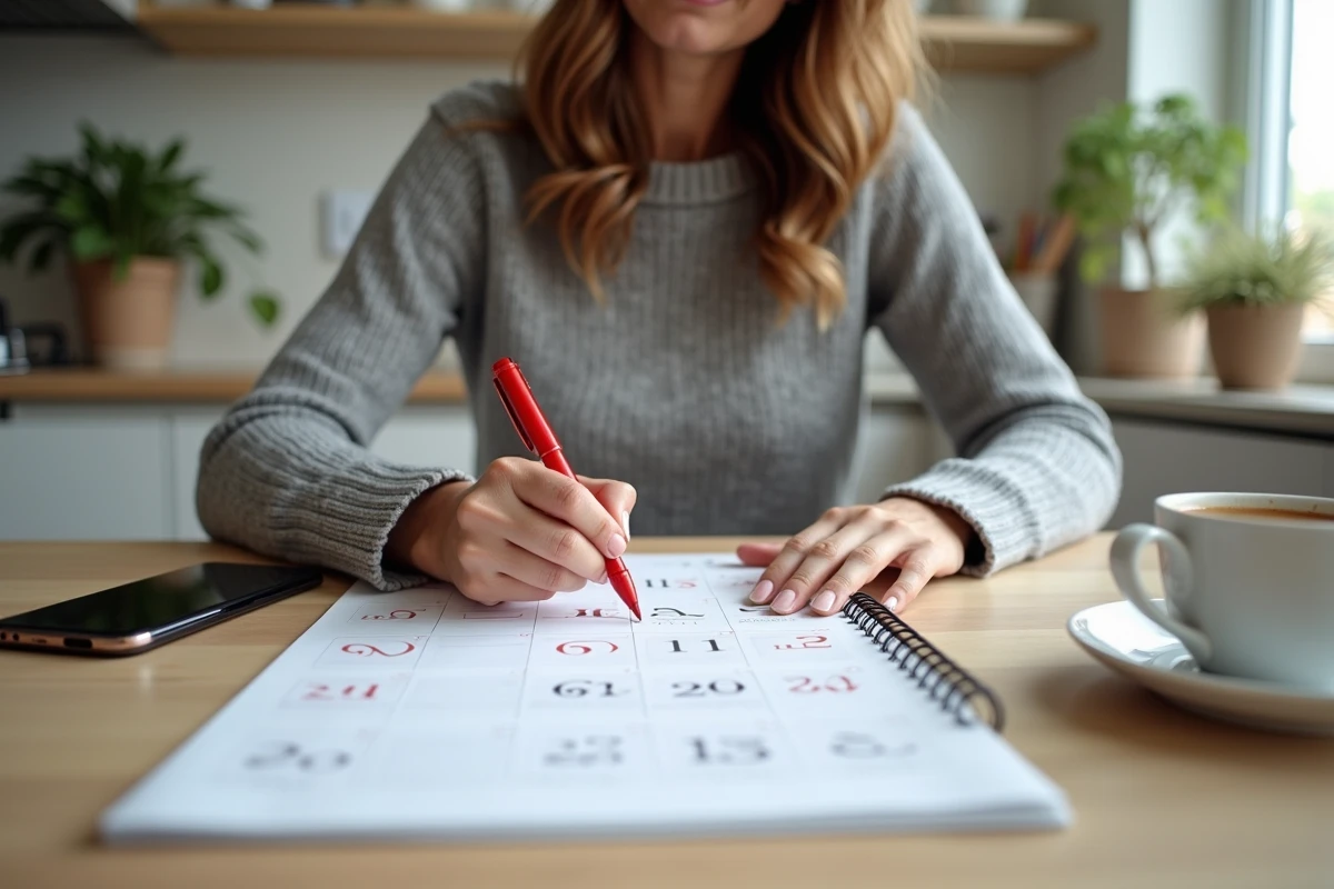 Femme planifiant ses vacances sur un calendrier mensuel 2026 à la maison