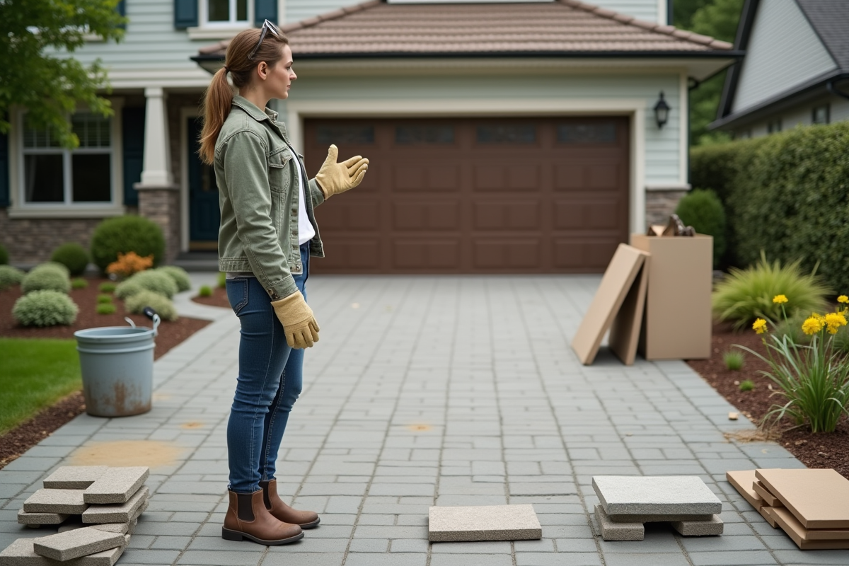 Jeune femme comparant pavés de driveway en extérieur