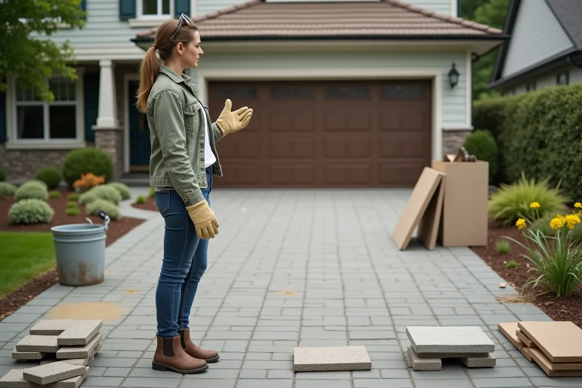 Jeune femme comparant pavés de driveway en extérieur
